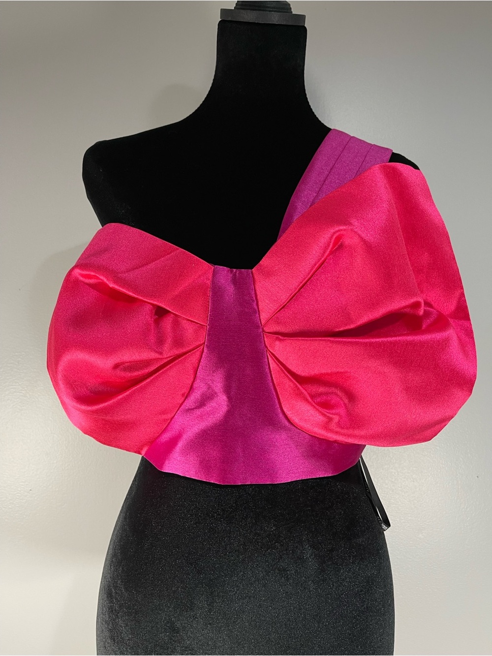 Audette Pink Satin Oversized Bow One Shoulder Crop Top Sz. S